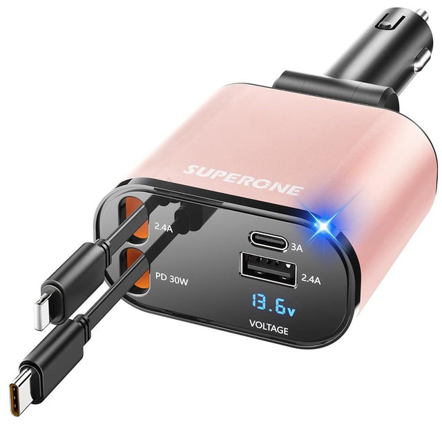 【Upgraded】 SUPERONE Retractable Car Charger 4 in 1, Fast Car Phone Charger with Cord 2.6ft, USB C Car Charger Adapter, Compatible with iPhone 15/15 Pro Max/14/13/12/11, Galaxy, Pixel