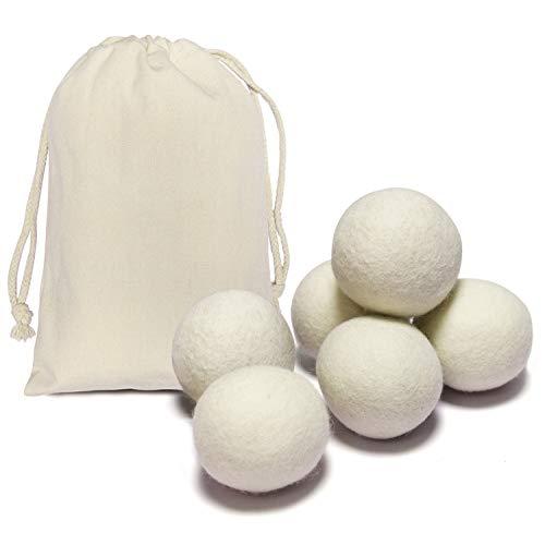 6 Pack All Natural Organic Wool Dryer Balls XL Size - Reusable Chemical Free Natural Fabric Softener Anti Static Reduces Clothing Wrinkles and Saves Drying Time (White)