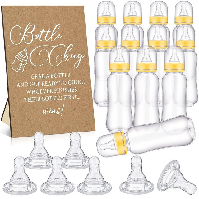 TrelaCo Cool Baby Shower Games Wooden Bottle Chug Sign Rustic Theme Gift Sets and 12 Pcs Baby Bottle Shower Favor for Kraft Games Gender Reveal (Rustic Kraft)