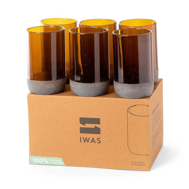 IWAS Upcycled Tall Auburn Drinking Glasses | 350 ML | 12 OZ | Set of 6 | Sustainable Water and Cocktail Glasses For Home | Environmentally Friendly Light Brown Glasses
