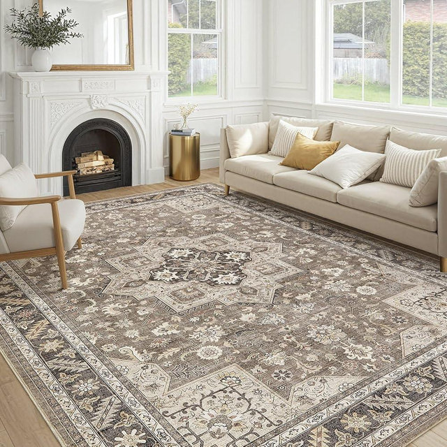 Vintage Living Room Area Rug 9x12 - Large Soft Washable Oriental Traditional Distressed Farmhouse Rugs for Bedroom - Indoor Floor Accent Carpet for Home Office House Decor - Brown