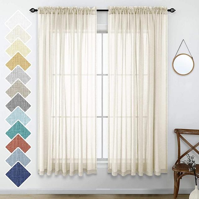 Neutral Linen Look Sheer Curtains 63 Inch Length Pair Set Light Filtering Semi Sheer Window Drapes for Bedroom Living Room Home Office Closet Backdrop Farmhouse Rustic Style Beach 52x63 Long Beige