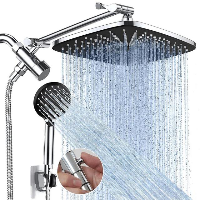 Veken 12 Inch High Pressure Rain Shower Head Combo with Extension Arm- Wide Rainfall Showerhead with 5 Handheld Water Spray - Adjustable Dual Showerhead with Anti-Clog Nozzles - Silver Chrome