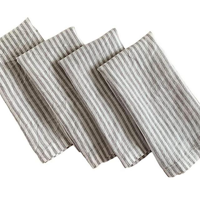 Eight Owls Linen Napkins – 100% French Flax – Stonewashed Pure Linen Cloth Napkins – Mitered Corners – Set of 4 (Gray/White Stripe)