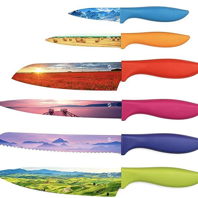 Colored Kitchen Chef Knife Set - Beautifully Designed Razor-Sharp Large and Small Cooking Knives with Non-Stick Surface Finish and Gift Box - By Golden Coast Cutlery