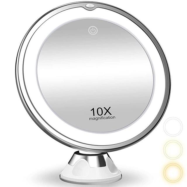Upgraded 2022 10X Magnifying Makeup Mirror with Lights, 3 Color Lighting, Bathroom Shower Mirror with Suction Cup, Intelligent Switch, 360 Degree Rotation, Portable for Detailed Makeup, Close Skincare