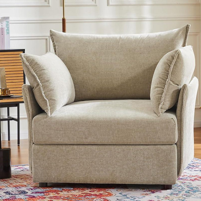 ABCASA Oversized Accent Chair, Upholstered Modern Sofa Chair with Removable Backrest & Detachable Cover, 24.5" Deep Seat Large Reading Armchair for Living Room Bedroom Office - Chenille Beige Set of 1