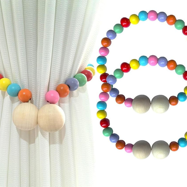 nmajnvo Magnetic Curtain Tiebacks, 2 Pack Wood Bead Curtain Holdbacks | Magnetic Closure; No-Drill Installation; Natural Wood Beads; Vibrant Boho Style; Versatile Styling Options