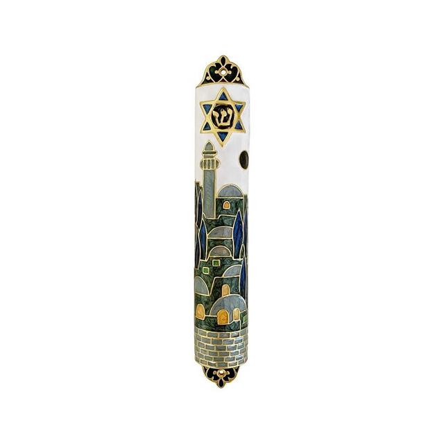 Pasiir Hand Painted Mezuzah, Exquisite Enamel Mezuzah with Star of David and Jerusalem Motifs
