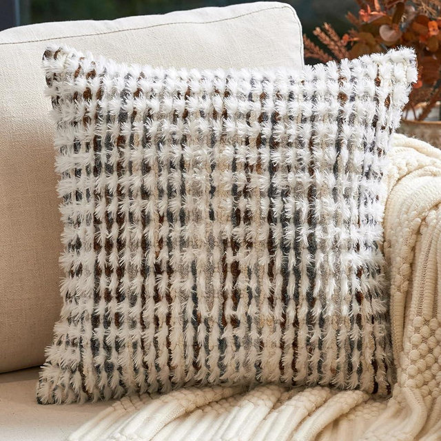 Aeckself Boho Chenille Tufted Pillow Cover 20 x 20 Inch, Decorative Square Throw Pillow Cover Neutral Pillowcase for Couch Bedroom Living Room, Brown White