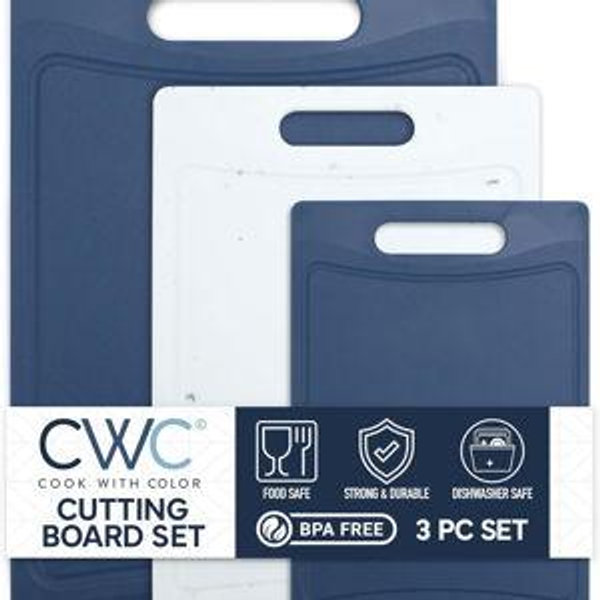 COOK WITH COLOR Non-Slip Cutting Board Set – Kitchen Essentials with Easy Grip Handle for Meat, Veggies, and Fruits, 3 Cutting Boards, Blue and White Marble