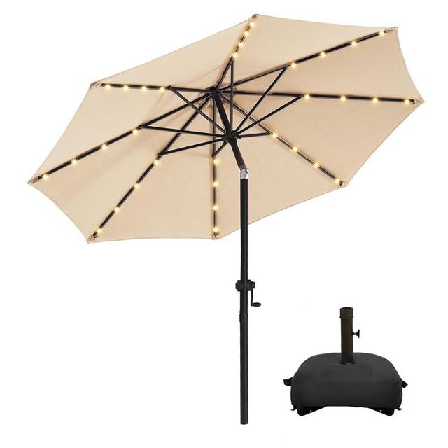wikiwiki 9FT Solar Led Patio Umbrella with Base, Sturdy Outdoor Market Umbrella for Deck, Pool, Garden w/Tilt, Crank, 32 LED Lights, Beige