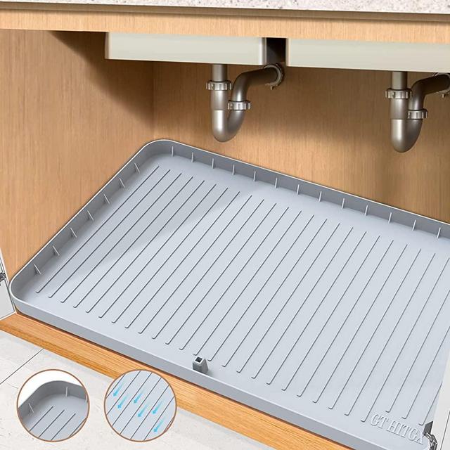 Under Sink Mat, 34" x 22" Under Sink Mats for Kitchen Waterproof - Silicone Under Sink Liner Drip Tray with Drain Hole, Sink Cabinet Protector Mat for Kitchen & Bathroom (Gray)