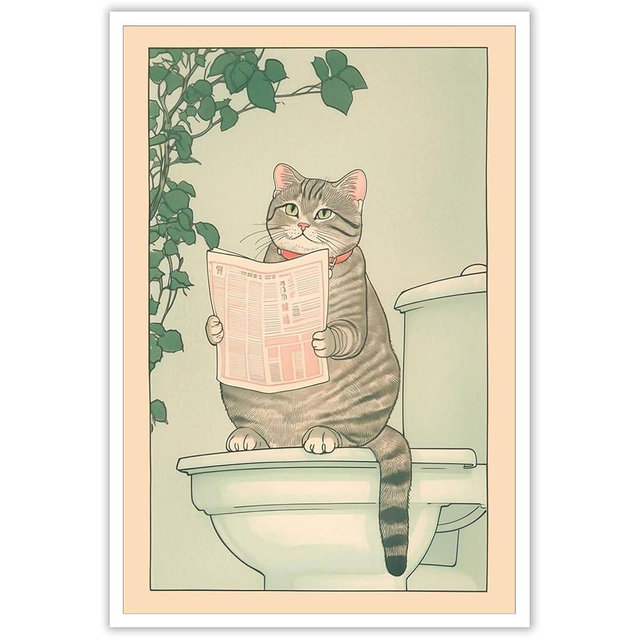 JCCSFF Trendy Japanese Cat Reading Newspaper Posters Funny Animals On The Toilet Canvas Wall Art Tree Branches With Green Leaves Prints Painting For Home Bedroom Dorm Wall Decor 12x16in Unframed
