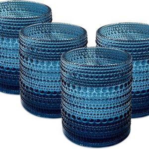 12oz Vintage Drinking Glasses Set of 4, Kitchen Glassware Old Fashioned Glass Cups, Aesthetic Water Cups for Cocktail Whiskey Wine Beer Juice Coffee Beer (Blue)