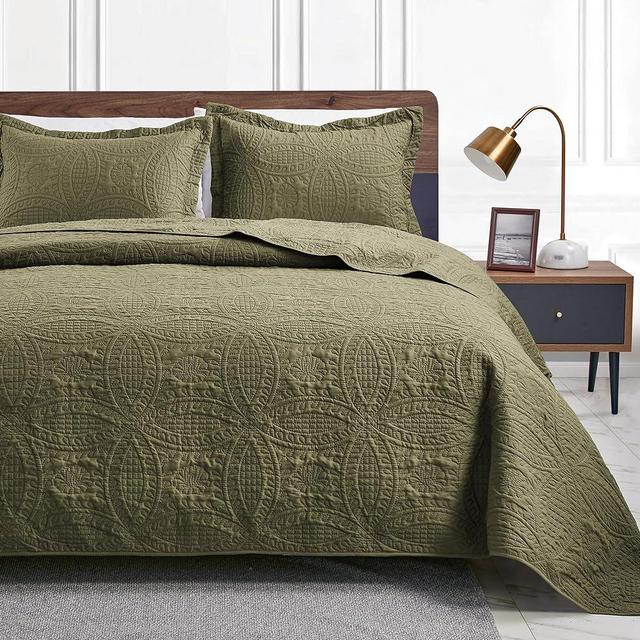 Love's cabin Quilts for Queen Bed Green Bedspreads Bedding Set - Summer Quilt Lightweight Microfiber Bedspread - Coin Pattern Bedding Coverlet for All Season - 3 Piece (1 Quilt, 2 Pillow Shams)