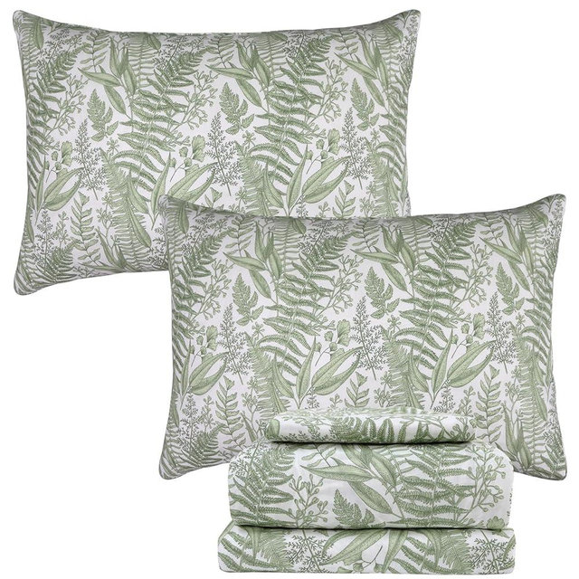 Helthep Floral Sheet Set Queen, 100% Cotton Green Tropical Leaves Pattern Bed Sheets Shabby Flower Printed Sheets with 17.5" Deep Pocket, 4Pcs Green Botanical Vintage Floral Sheet for Queen Size Bed