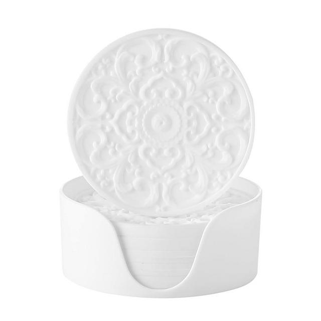 Colinda Silicone Coasters for Drink, 6 Pack Coasters with Holder, Cup Mat Set for Hot and Cold Drink and for Table Top Protection,Bar Coasters,3 Patterns for Home Office Decor,White