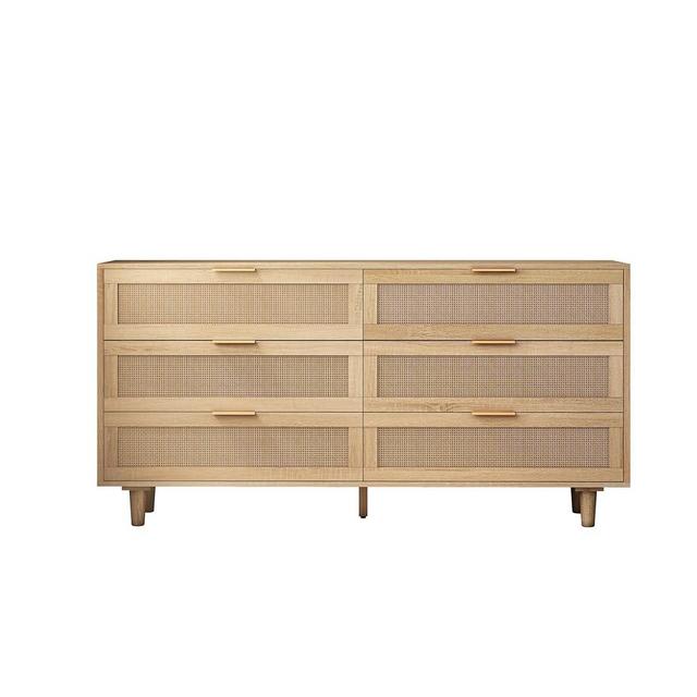 BFJDM 59.06'' 6 Drawer Rattan Storage Dresser Rectangle Wood Cabinet for Living Room Hallway Entryway Bedroom(Natural)