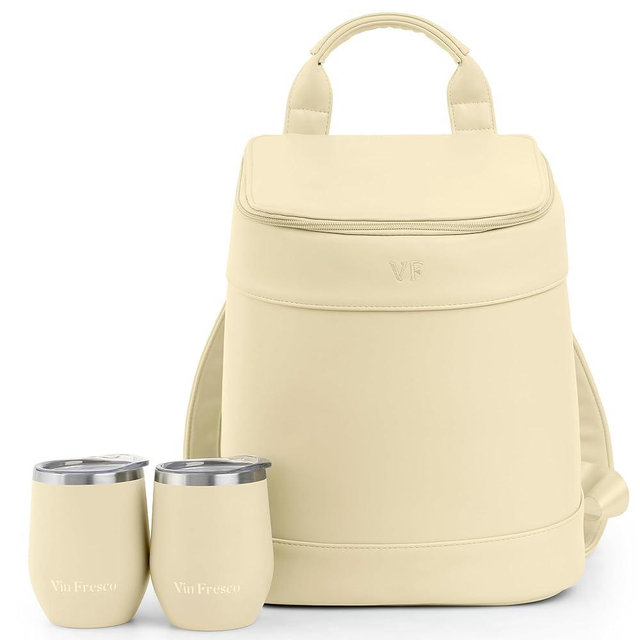 Insulated Cooler Backpack with 2 Stainless Steel Wine Tumblers – Leakproof & Spillproof Stylish Vegan Leather Picnic Cooler Bag – Lightweight & Portable – Holds 24 Cans or 6 Wine Bottles