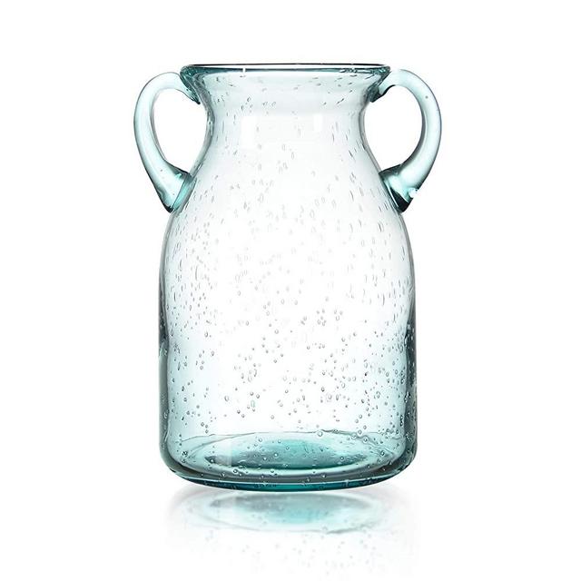 QUECAOCF Elegant Flower Glass Vase with Handle, Handmade Double Ear Air Bubbles Glass Vase for Centerpiece Home and Wedding Indoor and Outdoor Decorative