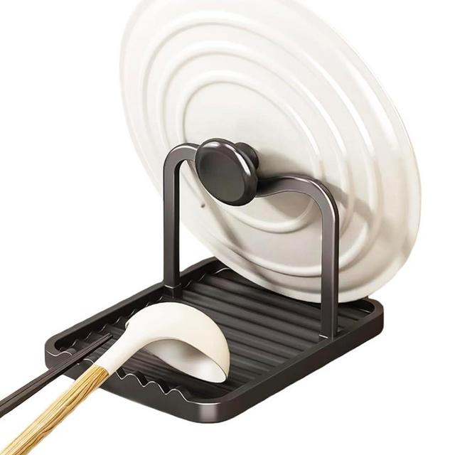 CHANNICORNER Anti-Rust Metal Spoon Rest with Lid Holder, Heat-Resistant Pot Lid Rest, Multifunctional Spatula Holder While Cooking for Stovetop and Kitchen Counter – Black