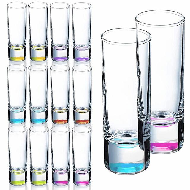 12 Pack Colored Shot Glass Set, Vivimee 2 oz Heavy Base Tall Glass Set, Clear Shot Glasses Bulk, Tequila Cups Small Glass, Shot Glasses for Whiskey, Tequila, Vodka, Spirits & Liquors