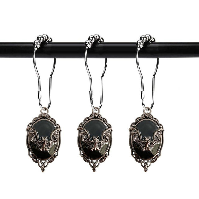 ZILucky Set of 12 Bats Shower Curtain Hooks Rings, Gothic Vampire Bat, Halloween Party Supplies Haunted House Decoration (Black-Background)