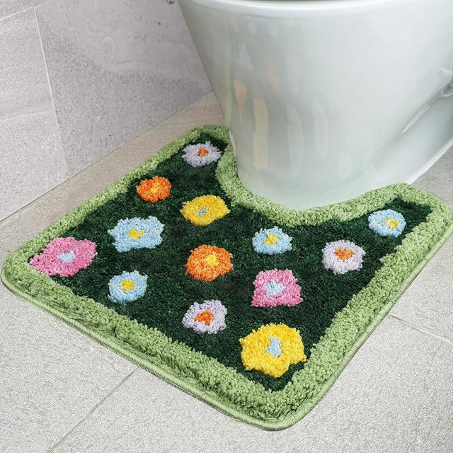 QIJIRC Moss Green Toilet Rugs U Shaped, Luxury Tufted Extra Thick U-Shaped Toilet Rug,Cute Flower Green Moss Bath Mat Non Slip - Washable Water Absorbent Shag Bathroom Rugs for Bath,20x20 Inch