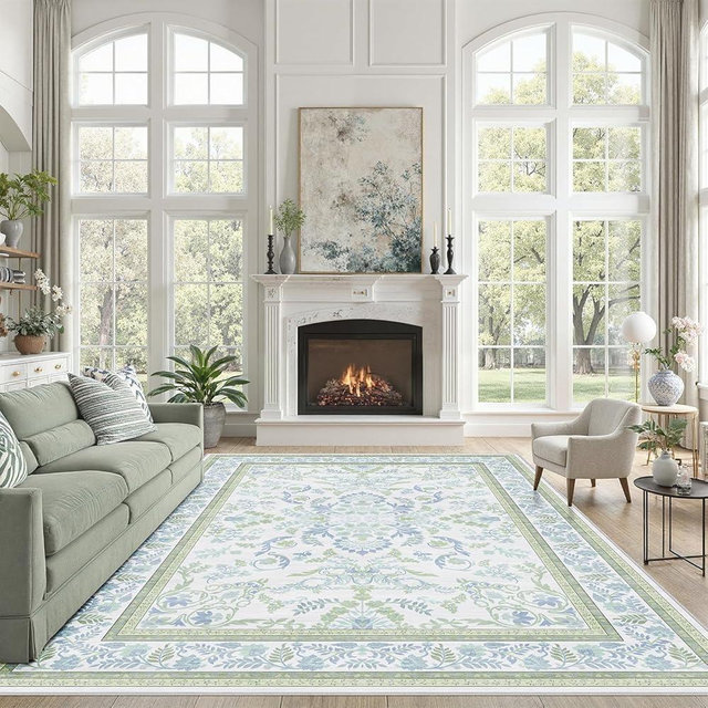 DCX Floral Area Rugs 9x12 Living Room, Soft Anti-Skid Machine Washable Green and Blue Rugs Stain Resistant Neutral Boho Carpet for Bedroom Large Low Pile Lightweight Room Rug