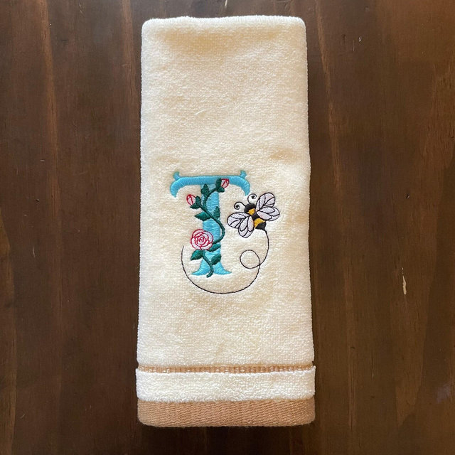 Beige Fingertip Towel - Embroidered Custom Bee Monogram