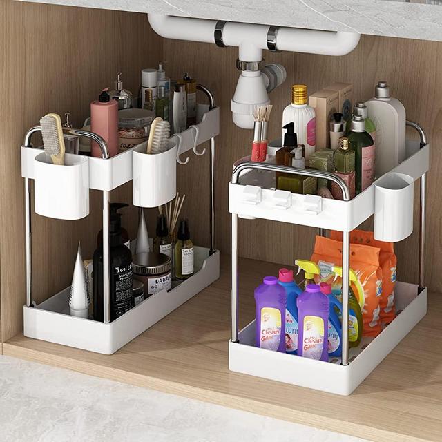 2 Pack Under Sink Organizer,2 Tier Under Sink Storage Organizer with Hooks and Hanging Cups for Bathroom,Kitchen Multi-Purpose Standing Rack Organizer,Bathroom Collection Baskets