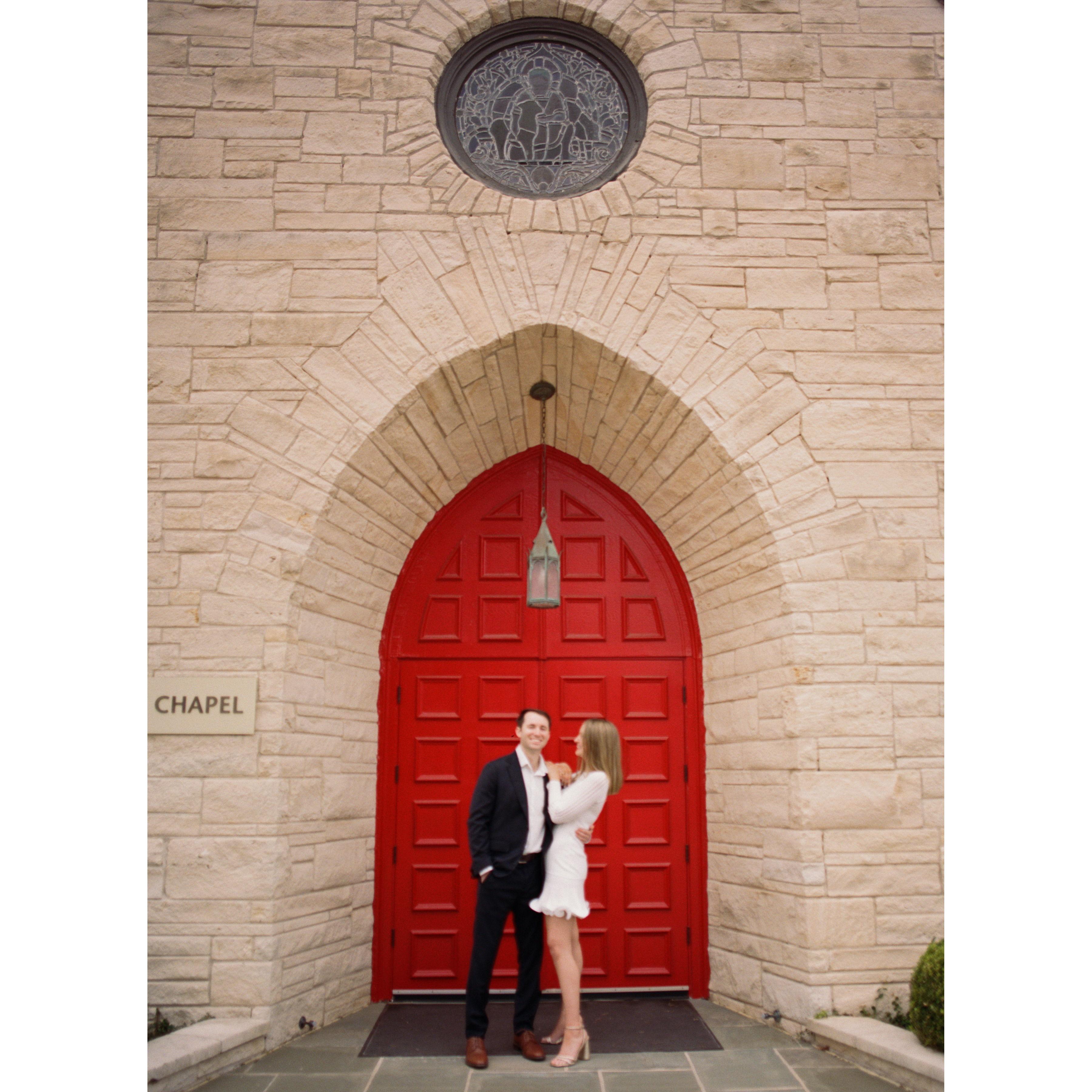 Standing in front of the chapel that Reilly's parents were married in circa 1996.
