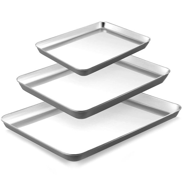 BRONYPRO Stainless Steel Baking Sheet Pan Set of 3, Cookie Sheets 9/12/16 In, Non-Toxic Uncoated Interior (PFOA & PTFE Free), Solid Warp-Resistant Cooking Trays for Oven & Toaster, Gray Exterior