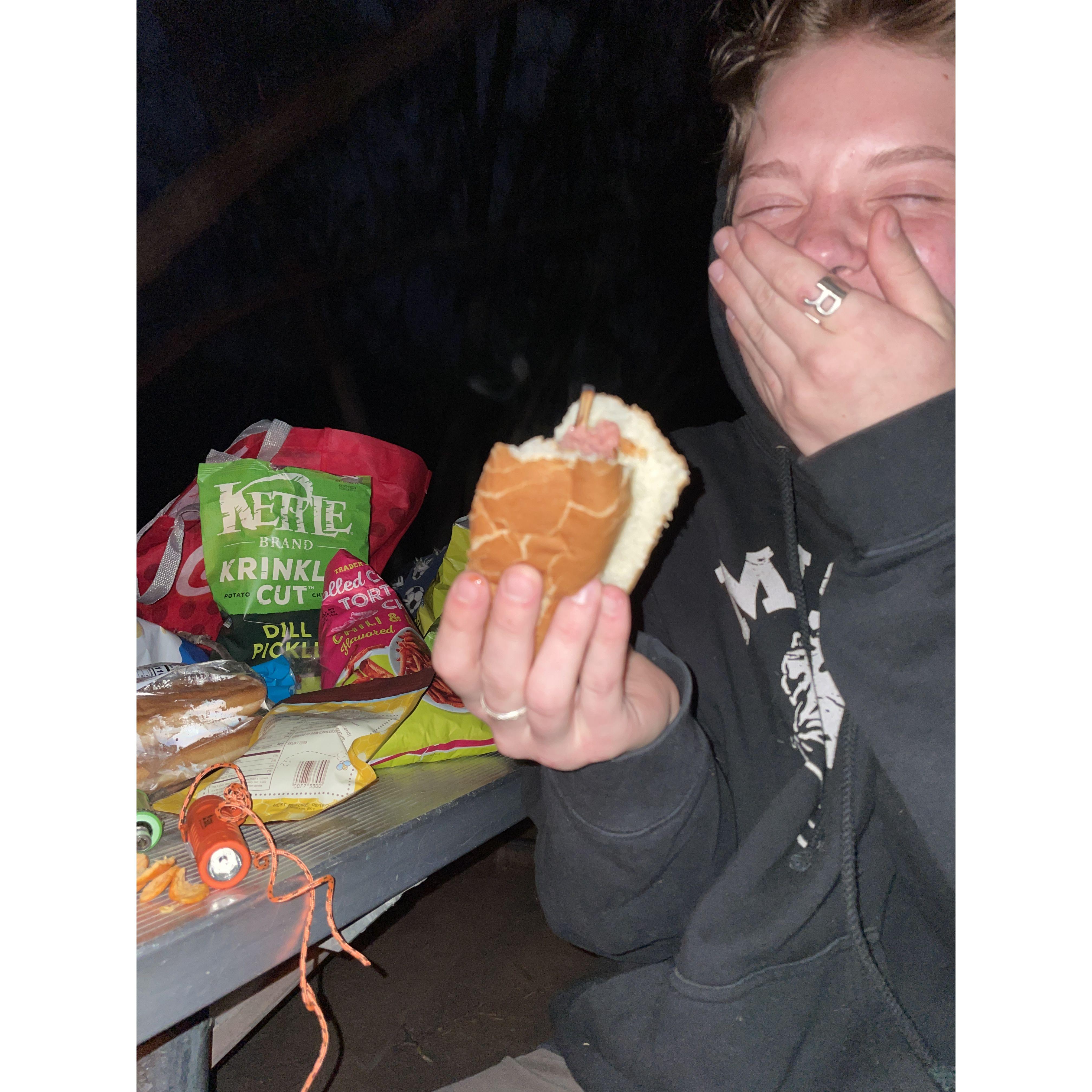 The stick Reed used to roast his hotdog broke off and we somehow didn't notice until he took a bite.