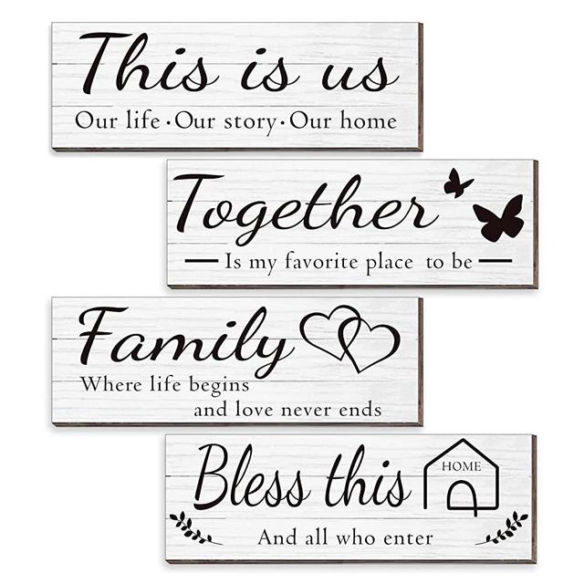 4 Pieces Home Wall Decor Signs, THIS IS US/ TOGETHER/ BLESS THIS HOME/ FAMILY Wall Decor For Living Room Bedroom, Rustic Wooden Farmhouse Wall Art Decor, 4.7 x 13.8 Inch(White)