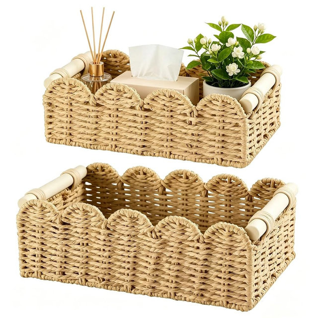 Csydxbbe Paper Rope Storage Basket Set, Scalloped Edge Toilet Paper Organizer with Wooden Handles, Decorative Over Toilet Storage Shelf for Washroom 、Living Room
