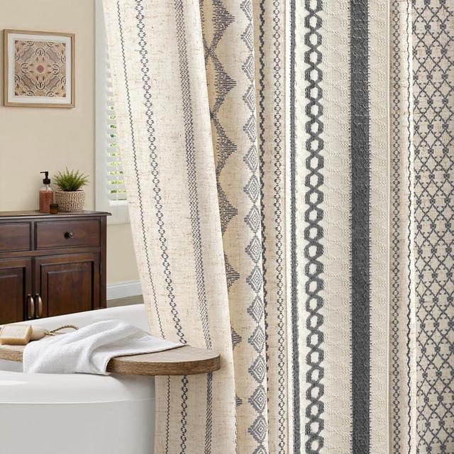 NDDYCU Grey Boho Shower Curtain for Bathroom,Beige Linen with Striped Print and Twine-Inspired Woven Center,72" W x 72" L