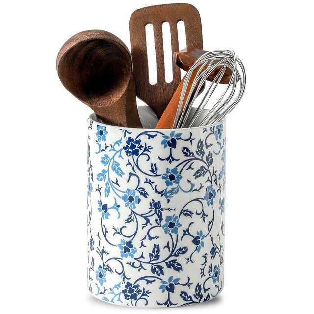 Tcetealc Kitchen Utensil Holder for Tools, Spatula Holder Extra Large Utensil Crocks for Countertop, Blue and White utensil holder Ceramic Apartment Essentials (7.2in×6.2in