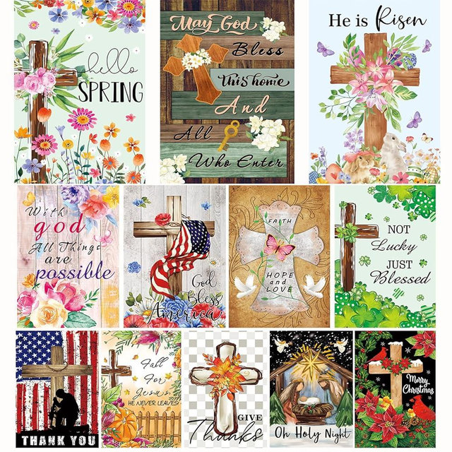 Christian Seasonal Garden Flags Set of 12 Double Sided 12 x 18 Inch Cross Yard Flags, Small Garden Flags for Outside, Fall Winter Easter Christmas Outdoor Flags, Holiday Garden Flags for All Seasons ﻿