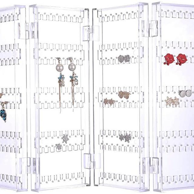 Sooyee 256 Holes 5 Tiers Acrylic Earrings Holder 4 Doors Foldable Necklace Hanging Jewelry Organizer Double Sided Stand Display,Clear