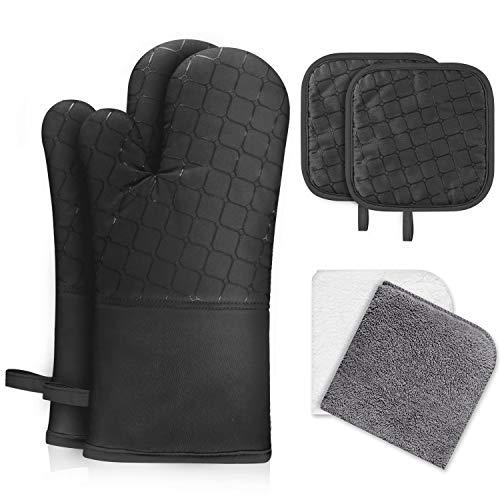 IXO 6Pcs Oven Mitts and Pot Holders, 500℉ Heat Resistant Oven Mitts with Kitchen Towels Soft Cotton Lining and Non-Slip Surface Safe for Baking, Cooking, BBQ (Black)