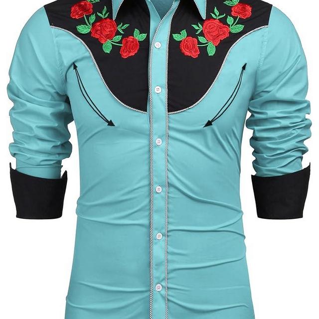 COOFANDY Men's Cowboy Shirts Embroidered Rose Design Shirt Western Long Sleeve Button Down Shirt