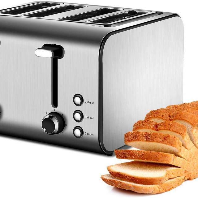 4-Slice Toaster with Reheat, Defrost and Cancel Function, Extra Wide Slots Compact Stainless Steel Toasters with 7 Toast Shade Settings and Removable Crumb Trays, 1500W