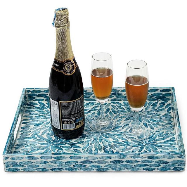 CLAYNIX Serving Tray 15.7" X11.8", Lacquer Mother of Pearl Inlay Mosaic Tray, Rectangle Wooden Marble Tray with Handles Trays for Tea, Breakfast in Bed, Table (Flower Style)