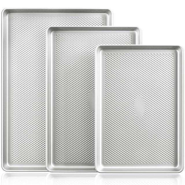 HONGBAKE Baking Sheet Pan Set, Cookie Sheets for Oven, Nonstick Half/Quarter/Jelly Roll Pans with Diamond Texture Pattern, Heavy Duty Cookie Tray, Silver