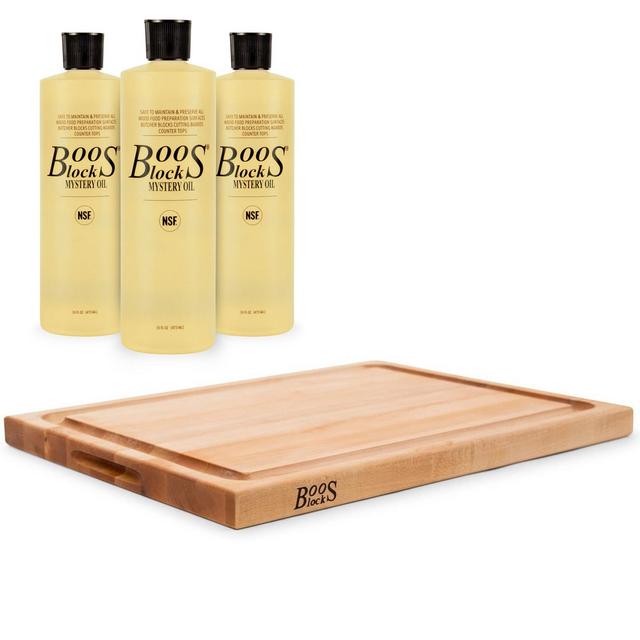 John Boos Block 18 Inch Wide Maple Wood Cutting Carving Board Bundle with 16 Ounce Mystery Oil Butcher Block Maintenance Oil