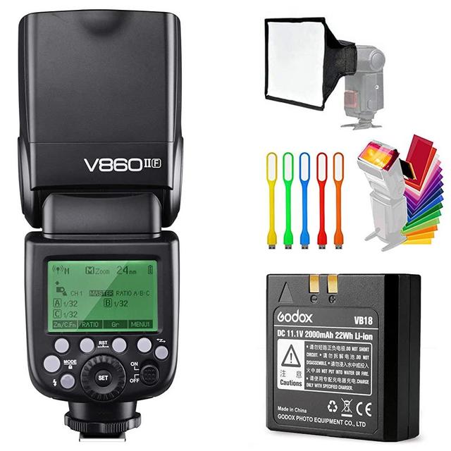 Godox V860II-F TTL GN60 2.4G High-Speed Sync 1/8000s Li-ion Battery Camera Flash Speedlite Light Compatible for Fujifilm Camera with 15x17cm Softbox & Filter &USB LED