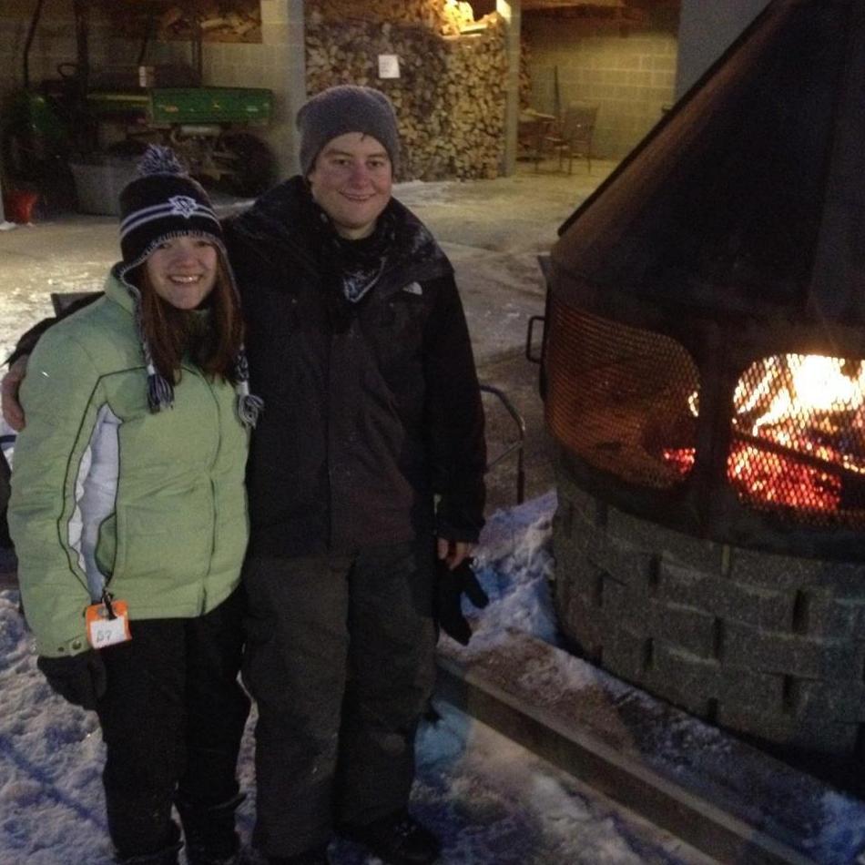 Having some winter fun with some of our friends. We were trying to stay warm after I wiped out multiple times learning to snowboard.