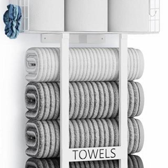 Towel Rack & Bathroom Shelves - Wall Mounted Metal Rack, Floating Shelf with Wood Plank, Bathroom Storage Organizer, Towel Holder Stores 6 Large Rolled Towels Easily, Functional Design, All White